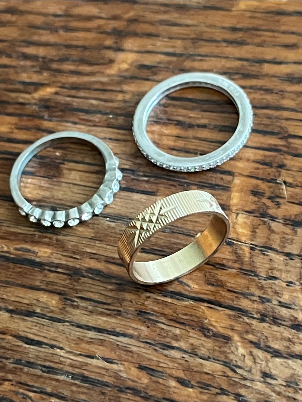 Gold Textured Band Ring with Silver Stackable Accent Rings - Women Jewelry